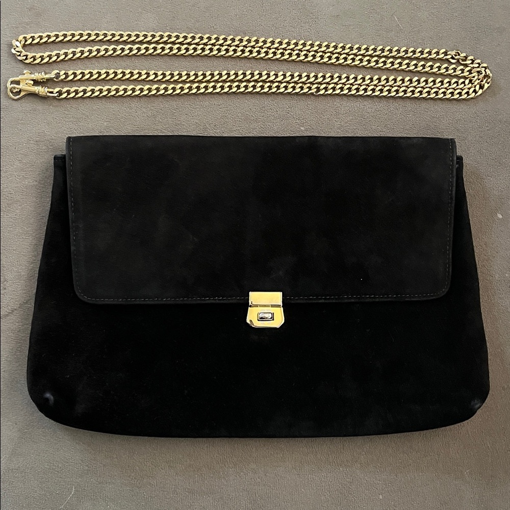 Suede Chocolate Brown Leather Envelope Clutch Shoulder Bag w/ Detachable Chain